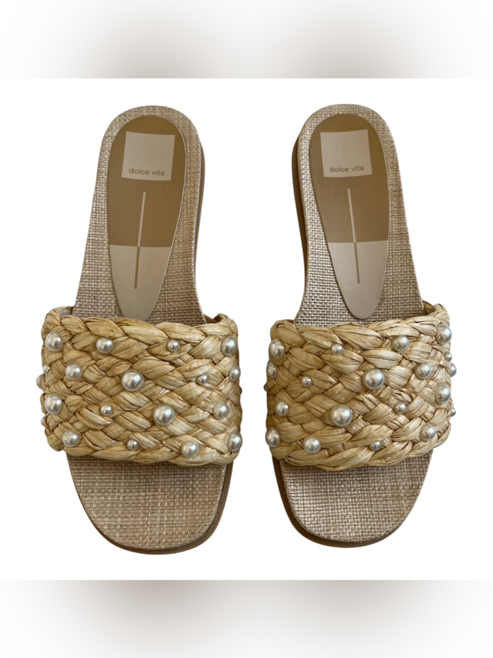 Dolce Vita Pearl-Embellished Braided Raffia Slide Sandals